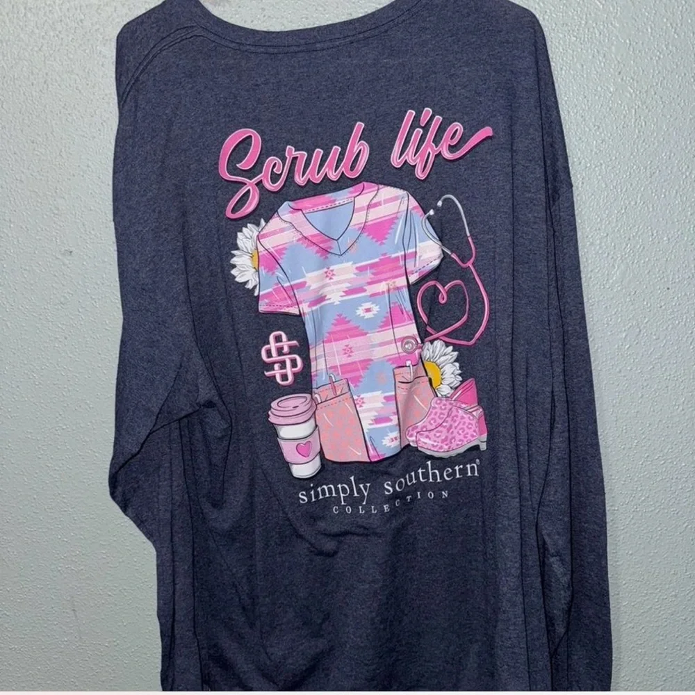 Simply Southern Dark Blue Shirt with Pink Logo Scrub Life - Picture 3 of 3